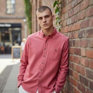 FRANK & OAK Shirt Large Men's Red Textured Long Sleeve Button Down Cotton